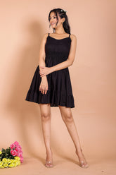 Modern Black Smocked Flared Midi Dress