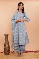 Cotton 3Pc Kurta Set with Semi-Afghani Pants