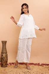White Viscose Co-Ord Set with Cut Work Detailing