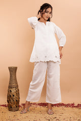 White Viscose Co-Ord Set with Cut Work Detailing