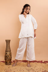 White Viscose Co-Ord Set with Cut Work Detailing