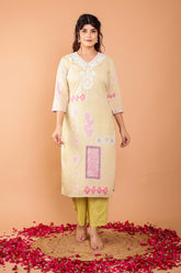 Light Green Mulmul 3 Pc Kurta Set With Embroidery