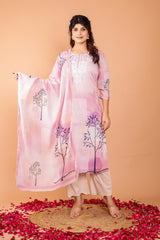 Lavender Mulmul 3 Pc Kurta Set With Embroidery