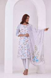 Off-White Floral Printed 3Pc Kurta, Pant & Dupatta Set