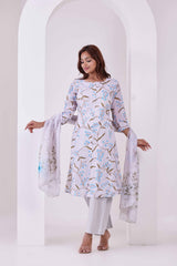Off-White Floral Printed 3Pc Kurta, Pant & Dupatta Set