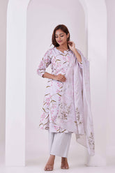 Off-White Floral Printed 3Pc Kurta, Pant & Dupatta Set