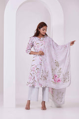 Off-White Floral Printed 3Pc Kurta, Pant & Dupatta Set