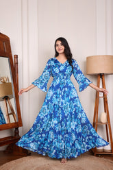 Blue Pure Chinon Floral Print Flared Maxi Dress