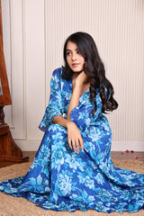 Blue Pure Chinon Floral Print Flared Maxi Dress