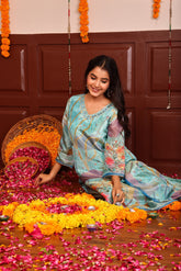 Tissue Silk Printed Shimmer 3Pc Kurta, Pant, and Dupatta Set