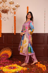 Tissue Silk Printed Shimmer 3Pc Kurta, Pant, and Dupatta Set