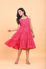 Pink Floral Printed Flowy Cotton Dress