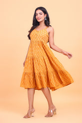 Abstract Bagru Printed Flowy Mustard Cotton Dress