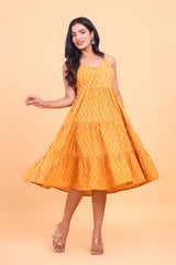 Abstract Bagru Printed Flowy Mustard Cotton Dress