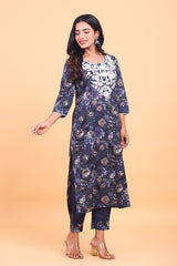 Cotton Floral Printed Kurta Pant Set with Embroidery