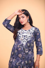 Cotton Floral Printed Kurta Pant Set with Embroidery