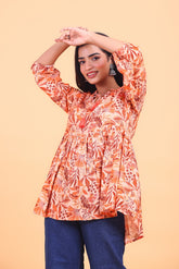 Brown Floral Printed Tie-Up Flared Top