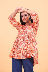 Brown Floral Printed Tie-Up Flared Top