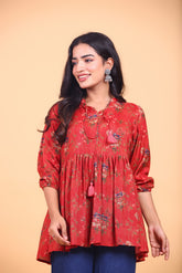 Deep Red Floral Printed Tie-Up Flared Top