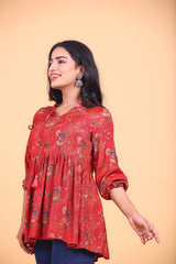 Deep Red Floral Printed Tie-Up Flared Top