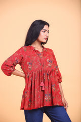 Deep Red Floral Printed Tie-Up Flared Top