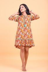 Brown Paisley Printed Embroidered Dress