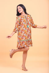 Brown Paisley Printed Embroidered Dress