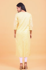 Light Yellow Embroidered Cotton Dobby Kurta with Tassels