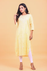 Light Yellow Embroidered Cotton Dobby Kurta with Tassels