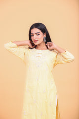 Light Yellow Embroidered Cotton Dobby Kurta with Tassels