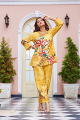 Mustard Digital Print Crepe Co-Ord Set with Kantha Details