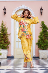 Mustard Digital Print Crepe Co-Ord Set with Kantha Details