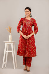 Pure Cotton 3Pc Printed Zari and Sequence Work Kurta Set