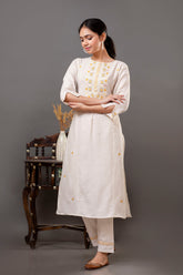 Cotton Flex Off-White Kurta Pant Dupatta Set with Floral Embroidery