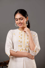 Cotton Flex Off-White Kurta Pant Dupatta Set with Floral Embroidery