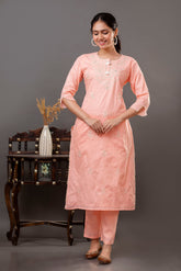 Cotton Dobby Kurta Pant Set with Embroidery Details