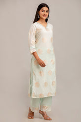 Mint Green Jacquard Chanderi Kurta & Cotton Pant Set