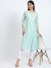 Mint Green Embroidered Cotton Dobby Kurta with Tassels