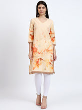 Printed V-Neck Cotton Kurta with Kantha Detail