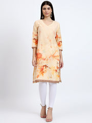 Printed V-Neck Cotton Kurta with Kantha Detail