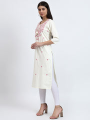 Off-White Embroidered Cotton Satin Kurta with Dori and Tassels