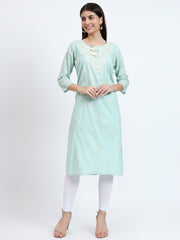 Mint Green Embroidered Cotton Dobby Kurta with Tassels