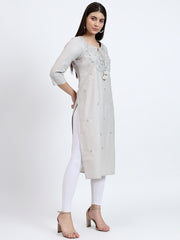 Grey Cotton Satin Kurta with Intricate Yoke Embroidery