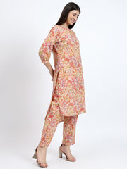 Beige High-Low Cotton Co-ord Set with Embroidery