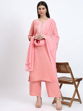 Peach Viscose Check Embroidered 3Pc Kurta Set