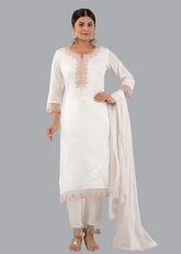 White Chanderi Embroidered Kurta Pant Set with Fancy Dupatta