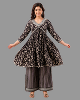Black Floral Embroidered A-Line Kurta Palazzo Set