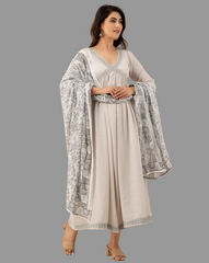 Viscose Flared Gown with Embroidered Detail & Dupatta