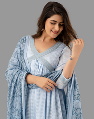 Viscose Flared Gown with Embroidered Detail & Dupatta