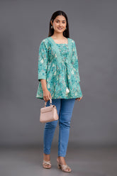 Flared Printed Cotton Top with Tassels